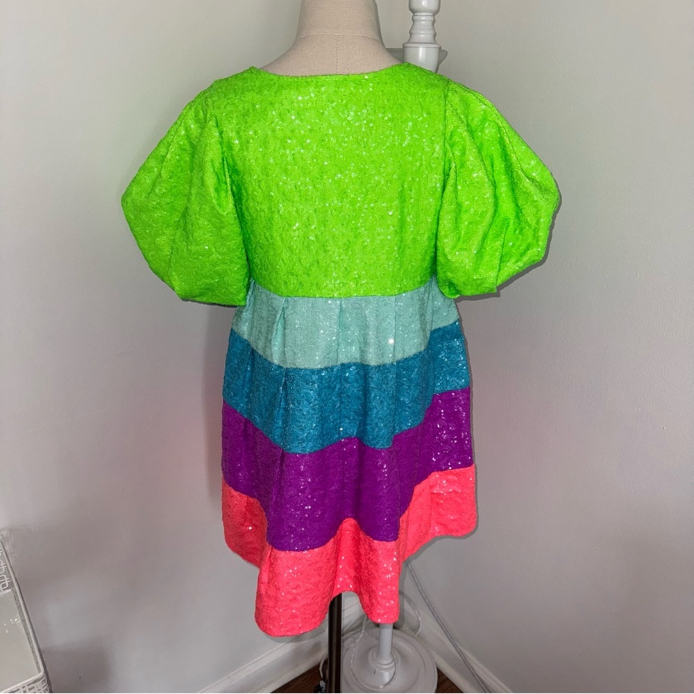 QUEEN OF SPARKLES Neon Green Aqua Blue Purple Coral Stripe Sequin Mini Dress - Picture 3 of 7